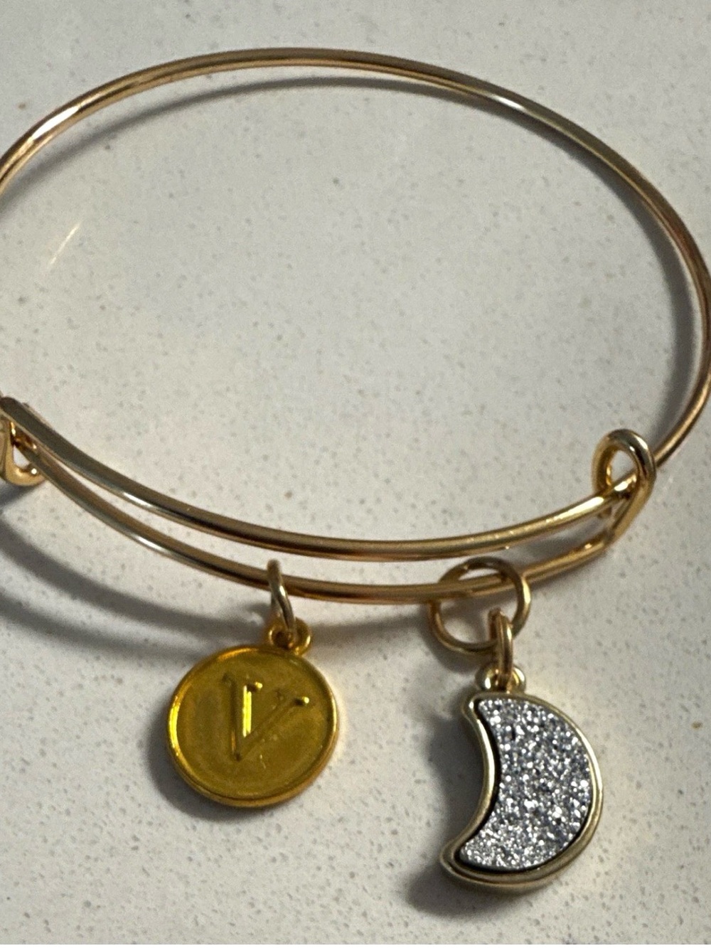 Unlisted Gold-Tone Initial V Disc & Sparkling Crescent Moon Bangle Bracelet